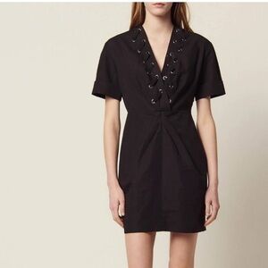 SandroClara Black Lace-up Surplice Neckline Short Sleeve Mini dress